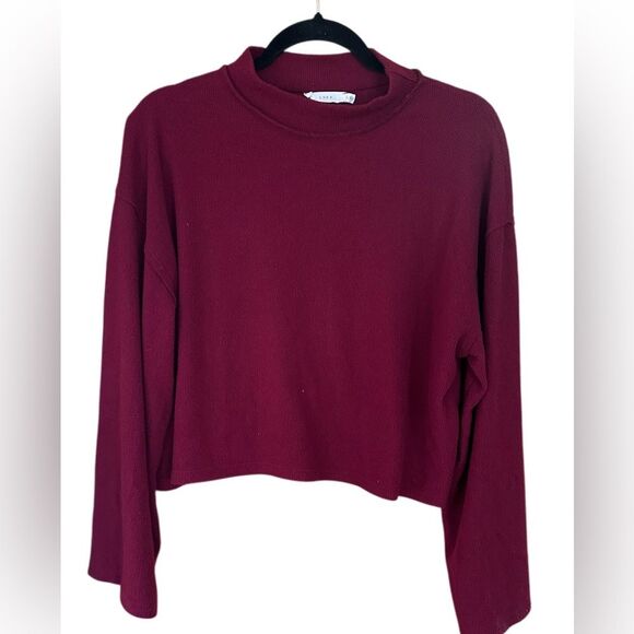 Lush Women's Burgundy Mockneck Wide Sleeve Cropped Sweater Size Large - Picture 1 of 7